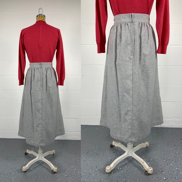 Vintage 70's Gray Woven Flannel Pleated Midi Skirt With Pockets Dark Academia 10 - Picture 5 of 6